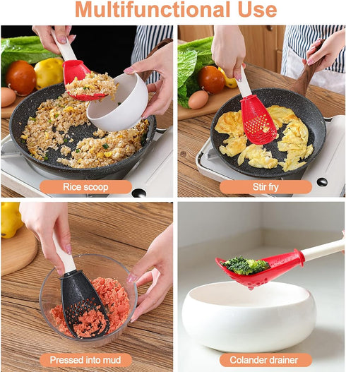 2PCS Kitchen Cooking Spoon Set, Multifunctional Skimmer Scoop Food Strainers, Non-stick Small Spatula (Black and Red)