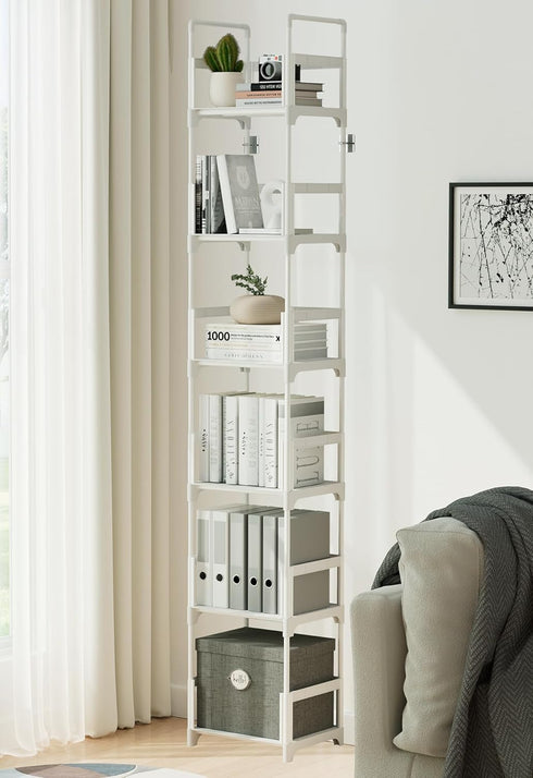 6 FIDUCIAL HOME Tiers Tall Narrow Bookshelf Book Shelf Skinny White Bookcase Thin Slim Book Rack Storage Organizer Easy