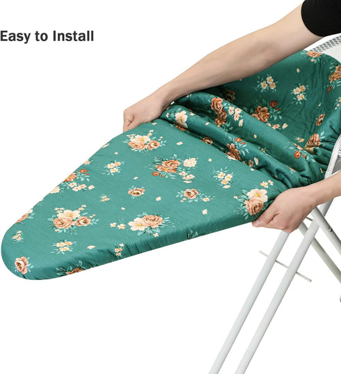 Ironing Board Cover and Pad Standard Size 15" x 54", Cotton with Scorch Resistant Thick Padding, Green+Flowers, 3 Pairs