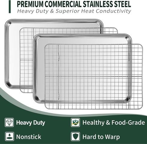 Small Baking Sheet with Rack Set - 2 Small Cookie Sheets + 2 Small Baking Racks, CEKEE Stainless Steel