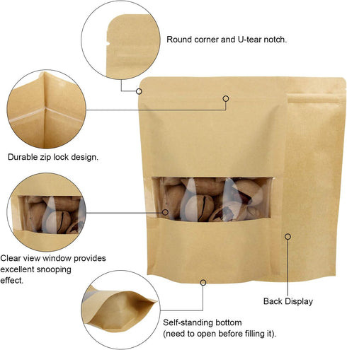Blisstime 50 Pack Kraft Stand Up Zip Lock Pouch Bags, Resealable with Transparent Window for Storage