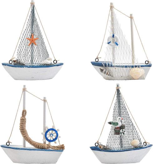BUYGO O Mini Sailboat Model Decoration - 4-Piece Wooden Miniature Sailing Boat Home