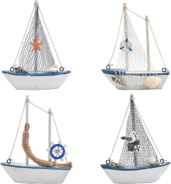 BUYGO O Mini Sailboat Model Decoration - 4-Piece Wooden Miniature Sailing Boat Home
