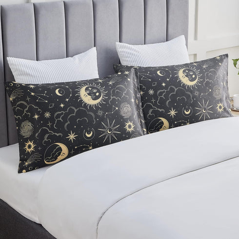 EXQ Home Satin Pillowcase Set of 2 for Hair and Skin - Black Printed Silk Pillowcase 20x26 inches with Envelope Closure