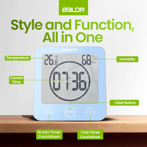 BALDR Digital Shower Clock - Blue Water-Resistant Countdown Timer with Temperature and Humidity