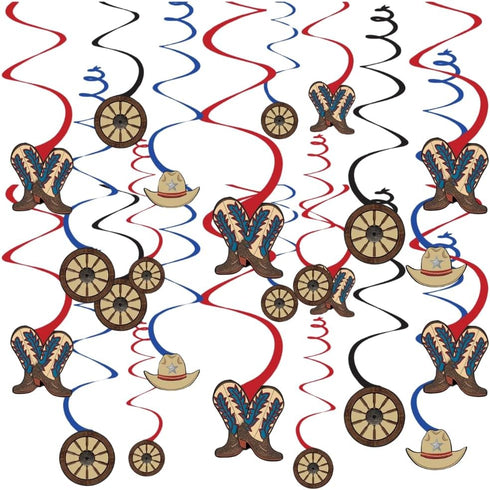 Western Party Hanging Swirl Decorations - Red & Blue Swirl with Cowboy Cutouts (Pack of 12) - 5" & 7"