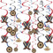 Western Party Hanging Swirl Decorations - Red & Blue Swirl with Cowboy Cutouts (Pack of 12) - 5" & 7"
