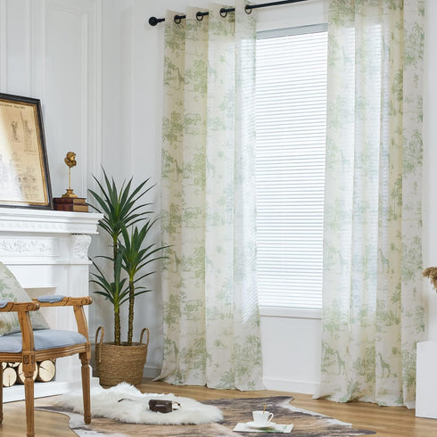 jinchan 63 Inches Country 2 Linen Toile Curtains Long for Living Room Toile de Jouy Floral Curtains French Farmhouse