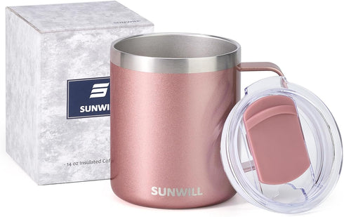 14 oz SUNWILL Travel Coffee Mug with Lid, Insulated Tumbler with Handle, Stainless Steel Cup for Ice, Water, Tea, Rose