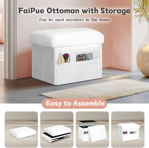 300 lbs, 17x13x13IN Storage Ottoman Cube, Small Ottoman with Storage with Thicker Furry Padded Seat. Folding Soft Fur
