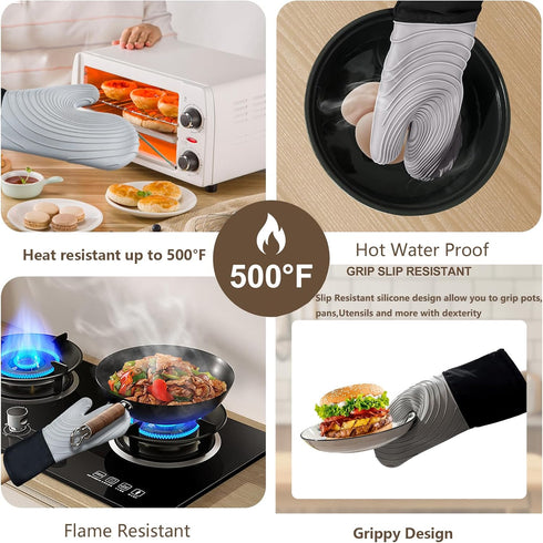 Silicone Oven Mitts - Heat Resistant 500F, 13.6 in Waterproof Grippy Design, Flexible BPA-Free Kitchen Gloves