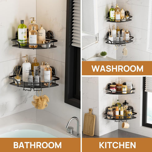 2 Pack LEVERLOC Strong Suction Cup Corner Shower Caddy, Large Capacity Removable Bathroom Organizer, Stainless Steel