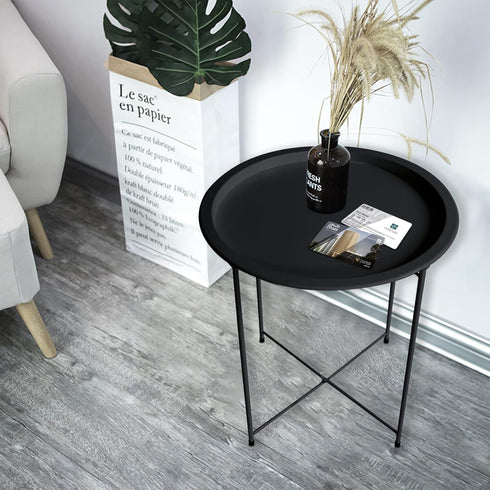 4 Garden you End Table Metal Side Table Black Round Folding Tray Cyan Sofa Small Accent Fold-able Table, Round End