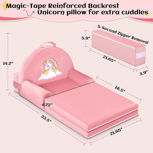 ORWIPO Cozy Unicorn Kids Sofa Bed with Removable Washable Cover & Hook and Loop Backrest Foldable Toddler Chair