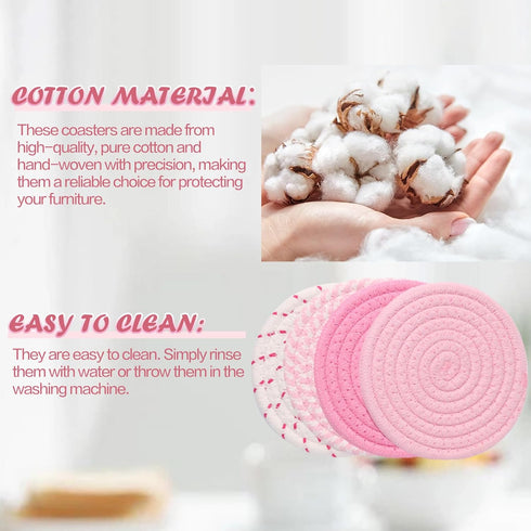 4.8 inch Set 4, Drink Coasters of Large Fabric Cotton Coasters,Cute Girly Absorbent Handmade Woven Coaster,Minimalist
