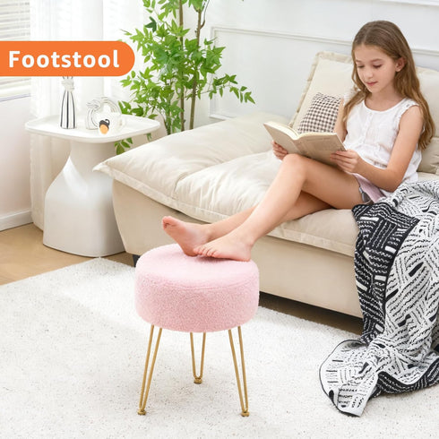 WROCFURSTAR Vanity Stool, Teddy Velvet Ottoman Foot Stool, Dressing Table Seat with Metal Leg Vanity Chair for Bedroom