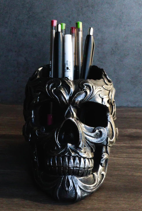 Ebros Gift Tribal Tattoo Floral Skull Pen Holder - 5.75" Office Desktop Decor, Cranium Skeleton Stationery Holder