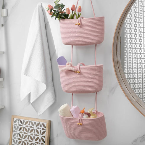 3-Tier TeoKJ Over the Door Hanging Baskets with Button Strap, Woven Cotton Storage Organizer Bag, Wall-Mounted
