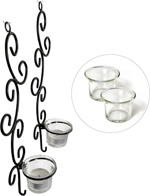 Set 2, 2 Lilys Home Deco Swirl Wall Sconce Tea Light Candle Holders, Steel, Black, of with Clear Glass Tealight Candle