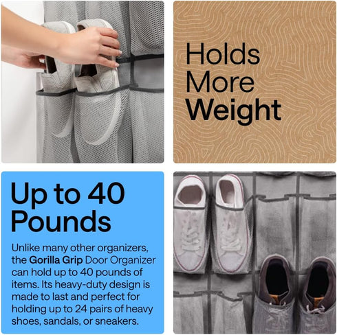 24 Closet 40 lbs, Closets GORILLA GRIP Over the Door Shoe Organizer, Large Breathable Mesh Pockets, Space Saving