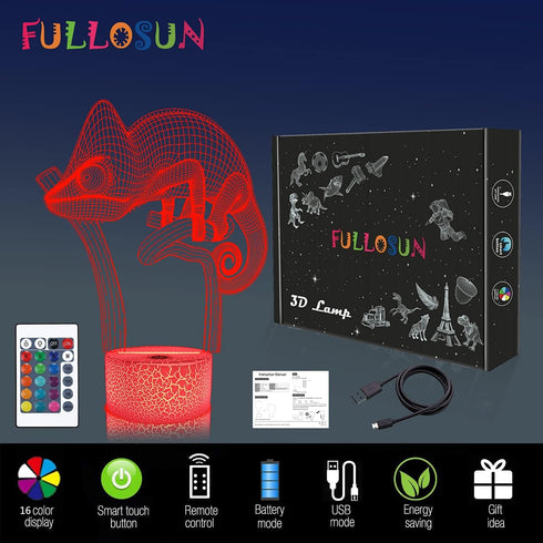 3D 16 FULLOSUN Chameleon Night Light Lizard Projection LED Lamp Baby Nursery Nightlight for Kids' Room Home Decor Xmas