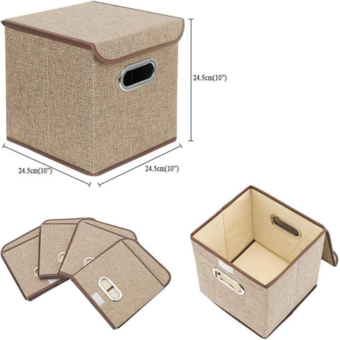 Storage Bin Set of 4, Linen Fabric Foldable Container with Lid, Collapsible Organizer Boxes – 10 x 10 x 10 Inches