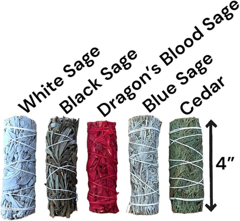 5 pcs Smudge Stick Sampler Kit, White Sage, Black Sage, Dragon's Blood, Blue Sage, & Cedar - 4 Inch Hand Tied