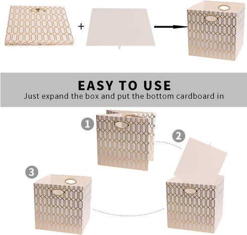 Posprica Storage Bins, 13×13 Fabric Drawers Organizer Basket Boxes, 2pcs, Cream/Gold Geometry Pattern