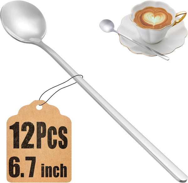12 Pcs Teaspoons Set, 6.7 Inch Long Handle Stainless Steel Spoons for Stirring, Coffee Bar Accessories