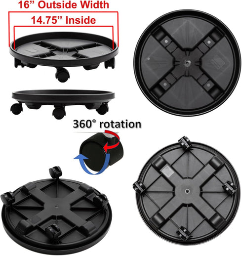 16" 150lb Bloem Black Round Planter Pot Caddy with Wheels, Capacity