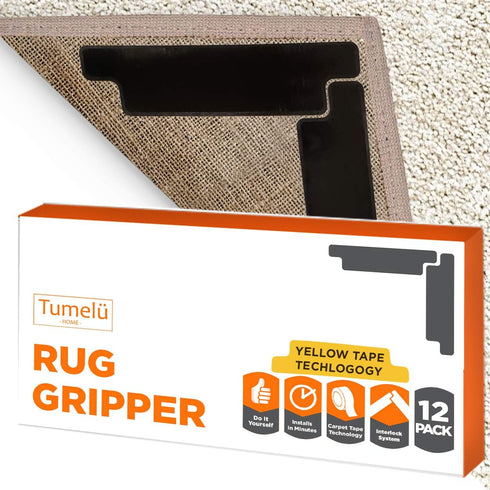 12pc Premium Large Size Anti Curling Carpet Tape Rug Gripper Double Sided, Reusable with Yellow Capet Tape