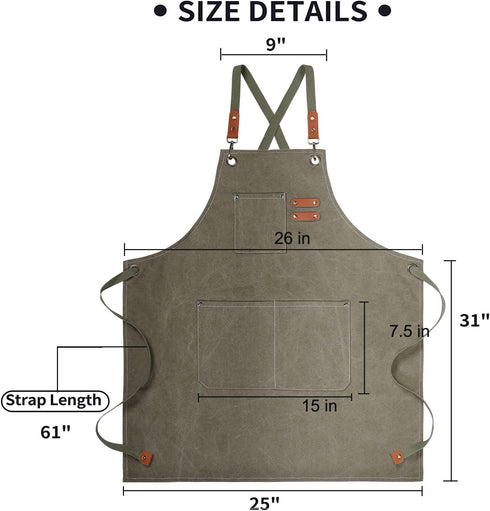 Aprons for Men Women: Cotton Canvas Cross Back Apron with Large Pockets and Adjustable Straps for Baking