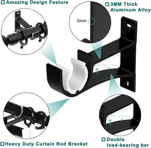 Gudui Curtain Rod Bracket 3 Pack, Heavy Duty Holders Hooks for 1 inch Drapery Rod, Black