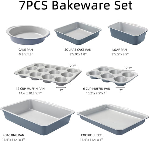 7-Piece Set Sets CAROTE Nonstick Stackable Baking Pans - Bakeware Including Cookie Sheets for Baking, Muffin Pan, Bread