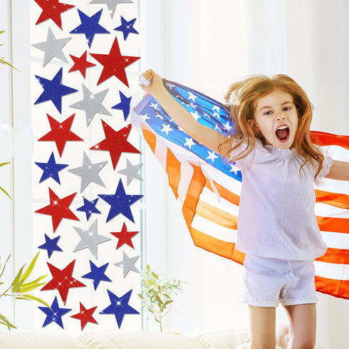 Whaline 96Pcs Glitter Stars Window Clings Patriotic Glitter Blue Red White Stars Window Stickers Double-Sided 4th of July Window Decals for Independence Memorial Day Patriotic Party Supplies, 6 Sheets