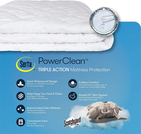 SERTA Power Clean Triple Action Quilted Soft Waterproof Mattress Pad Protector, Moisture Wicking with 15" Deep Pocket
