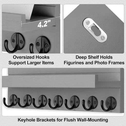 Key Holder Wall Mount - Entryway Key and Mail Holder with 7 Sturdy Hooks - Decorative Wall Shelf with Mounting Hardware