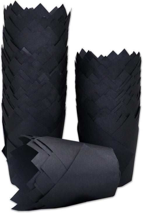 Black Large Tulip Baking Cups - 2-1/4" Base Diameter x 4" Wall Height, Parchment Paper Cupcake Liners, 130 pcs