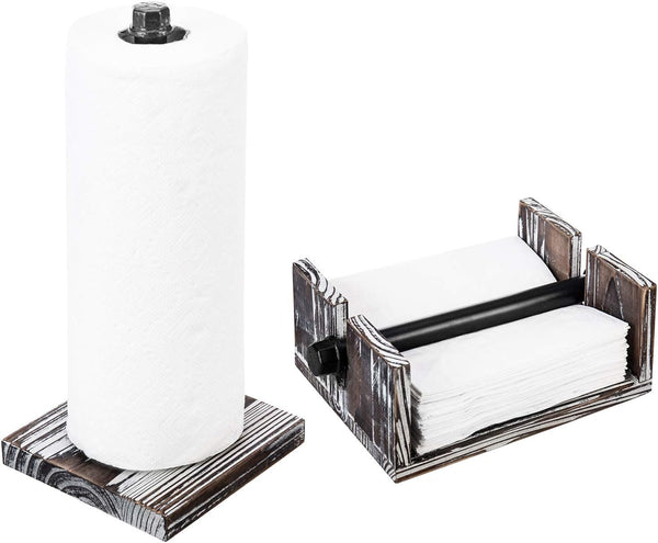 MyGift Paper Towel and Napkin Holder Set, Countertop Torched Wood and Industrial