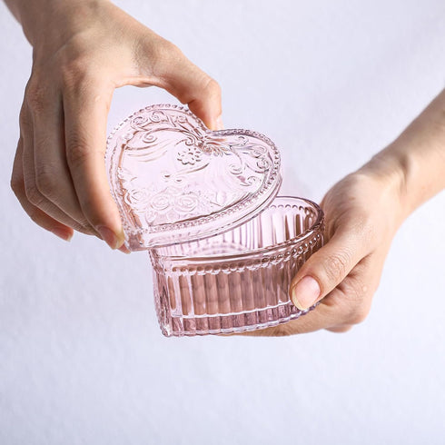 Gaolinci Crystal Glass Heart-Shaped Storage Box, Embossed Jewelry Box Candy Box with Lid