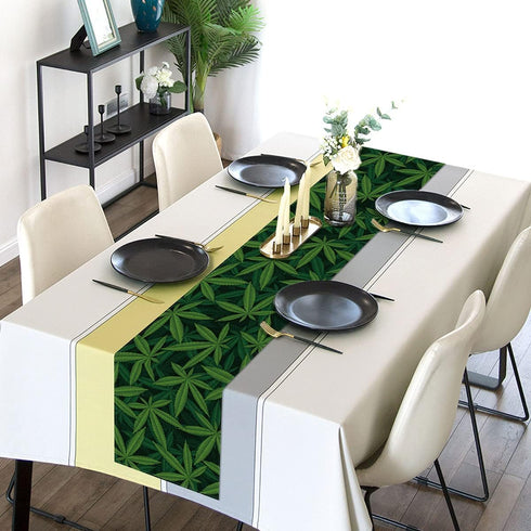 Sunwer Linen Table Runner with Marijuana Leaf Pattern, 13" x 72", Green, Modern Design for Kitchen Dining & Parties