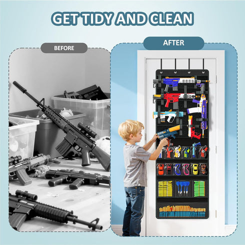 Over Door Toy Gun Storage, Hanging Organizer for Toy Guns, Hanging Toys Organizer with Pockets, Hook&Loop Straps