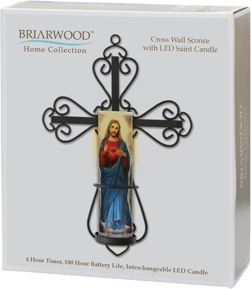 Stonebriar Decorative Scrolled Metal Cross Wall Sconce with Jesus LED Candle, Religious Gift Ideas for Friends