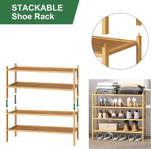 kiplant 4-Tier 4-Tier, Closet, Shoe Rack for Entryway, Bamboo Wood Shoe Rack Stackable Shoe Organizer for Free Standing
