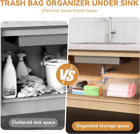 2 Pack, Trash Bag Holder Dispenser Garbage Bag Dispenser with Bamboo Lid & Handles, Stackable Clear Trash Bag Organizer