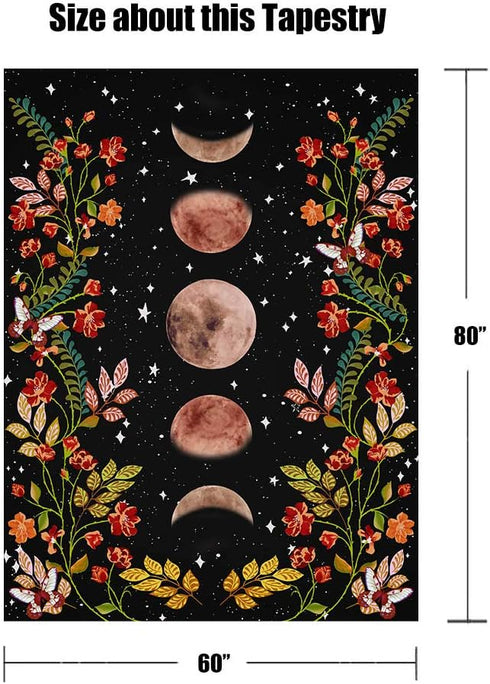 Lifeel Moonlit Garden Tapestry, Black Wall Decor Tapestry with Moon Phase Surrounded by Vines and Flowers 60×80 inches
