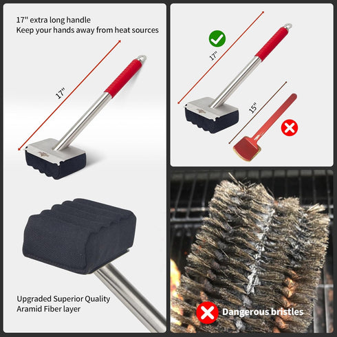 Bristle-Free Grill Brush Upgraded Aramid Fiber Wavy Pad. Safe for Cast Iron, Porcelain, Weber Gas & Charcoal Grills.