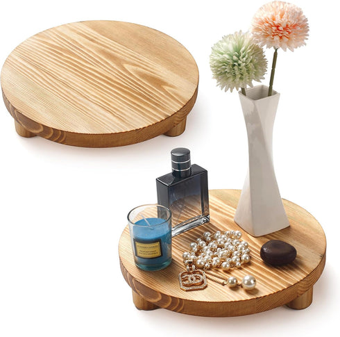 2 Pack Counter, Wood Riser for Decor, Wood Pedestal Stand for Display, Round Wooden Tray for Kitchen Wooden Pedestal