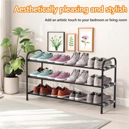 3 Closet,Slim Expandable Shoe Rack, Tier Adjustable Shoe Organizer Shelf for Narrow Black Metal Free Standing Shoe Rack
