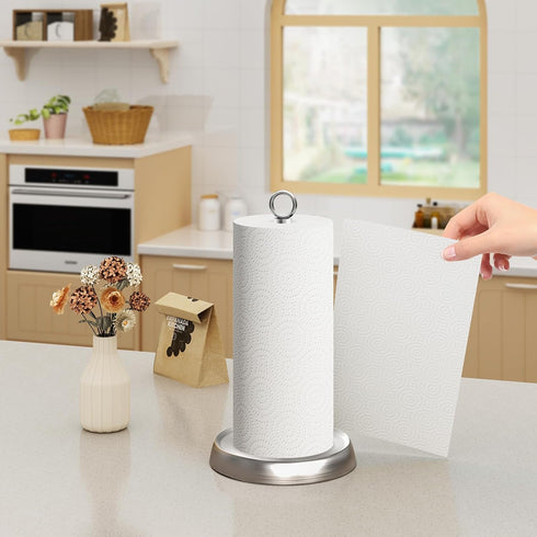 Silver Stainless Steel Paper Towel Holder Countertop, Weighted Anti-Slip Base for Standard & Jumbo Rolls